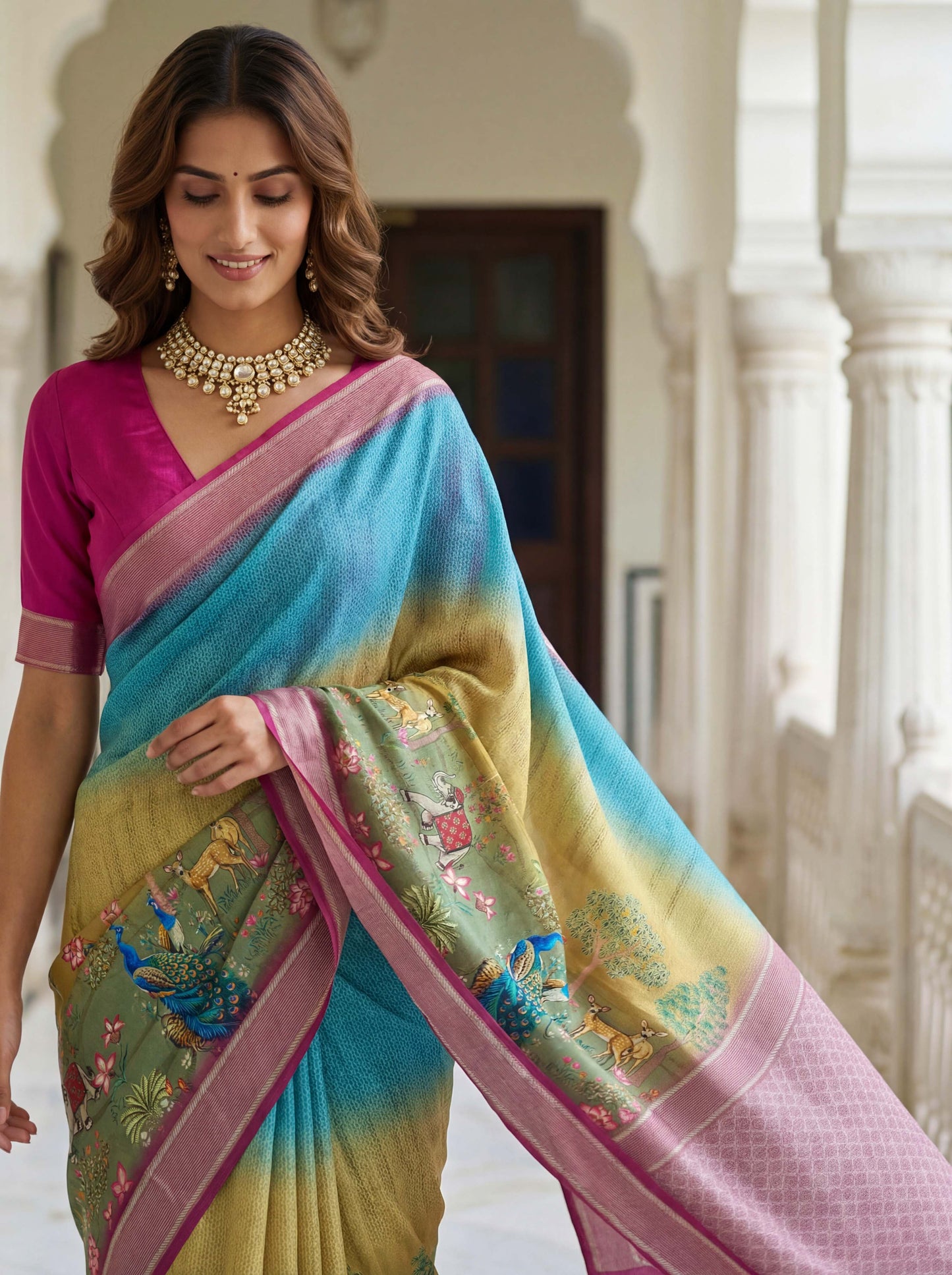 Rama green mustard yellow SILK PICHWAI PRINT Saree 6284 - Shopping World