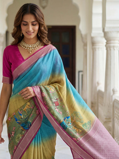 Rama green mustard yellow SILK PICHWAI PRINT Saree 6284 - Shopping World