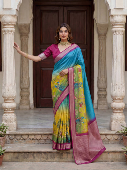 Rama green mustard yellow SILK PICHWAI PRINT Saree 6284 - Shopping World