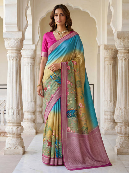 Rama green mustard yellow SILK PICHWAI PRINT Saree 6284 - Shopping World