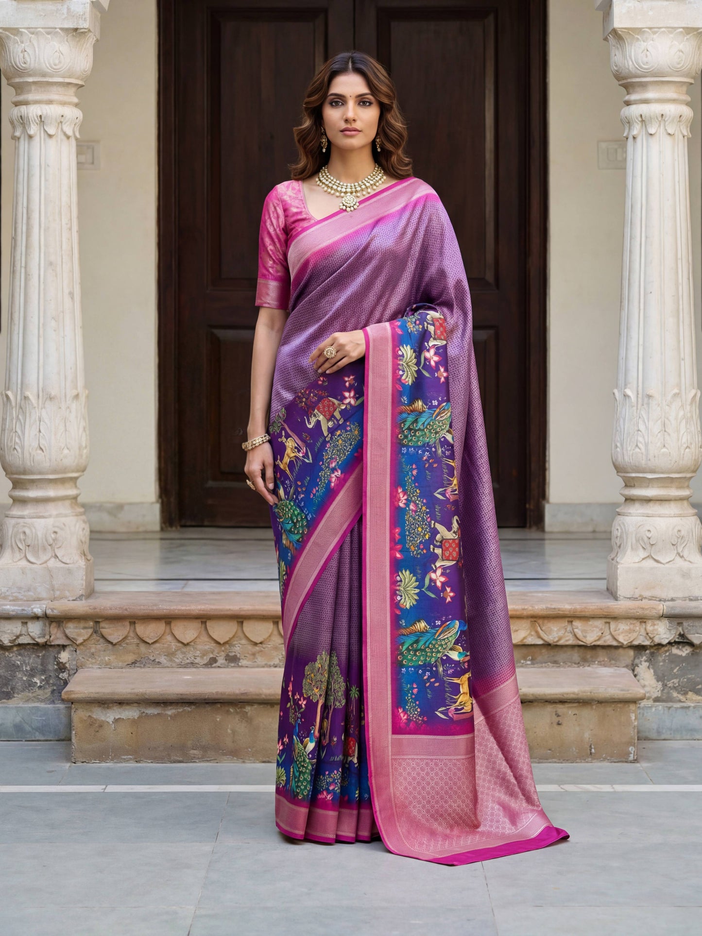 Rama green mustard yellow SILK PICHWAI PRINT Saree 6284 - Shopping World