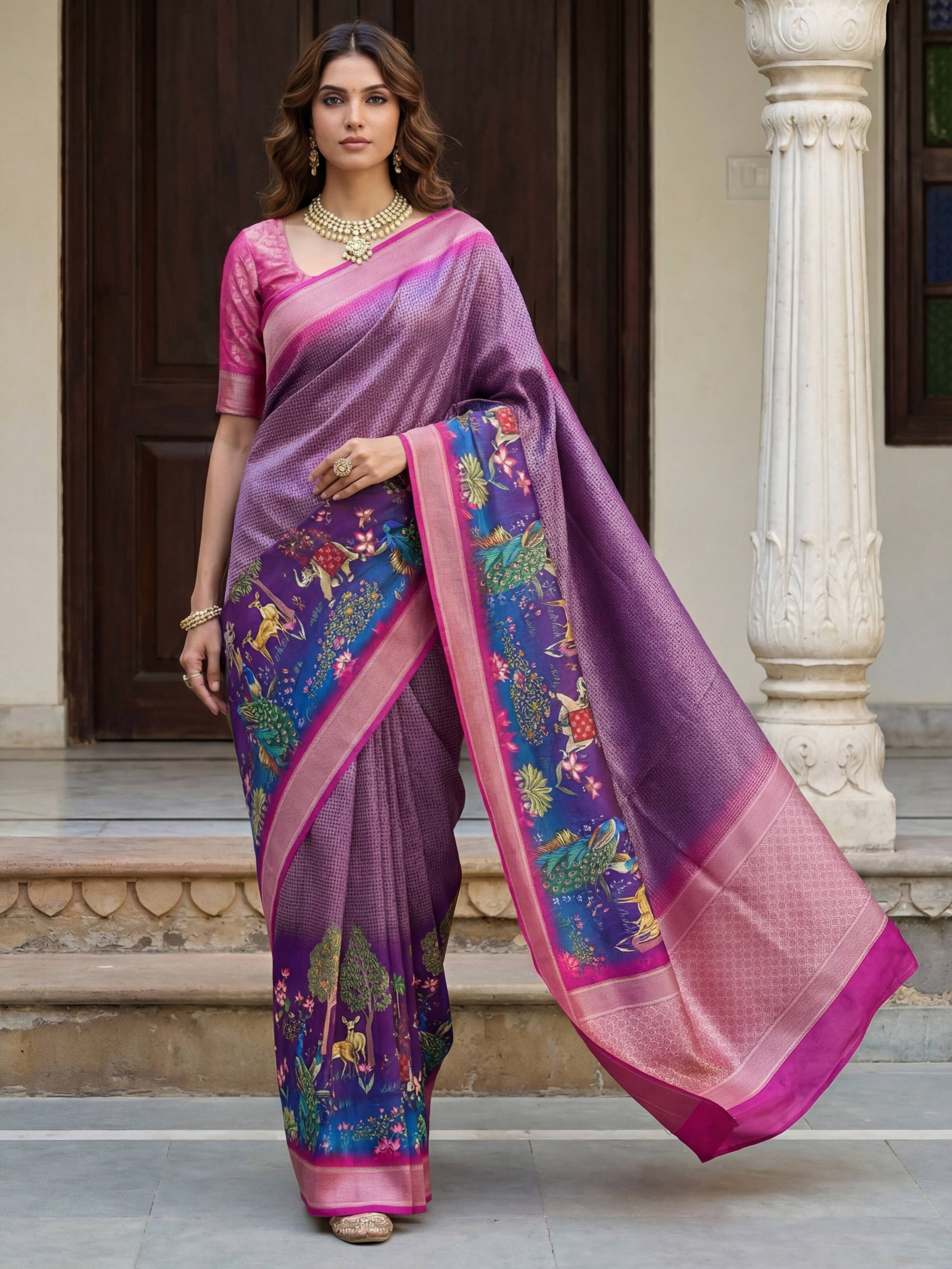 Rama green mustard yellow SILK PICHWAI PRINT Saree 6284 - Shopping World