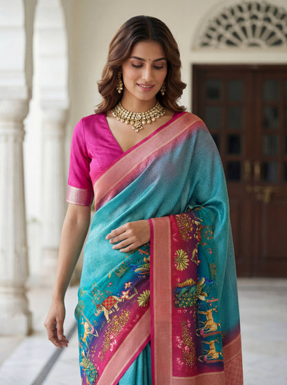 Rama green mustard yellow SILK PICHWAI PRINT Saree 6284 - Shopping World