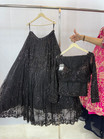 Designer Black Sequins Crop top Lehenga