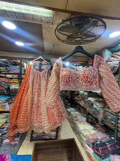 Astonishing Orange Ready to wear Mirror work Crop Top Lehenga