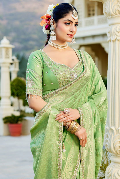 Green Vicose Russian Fabric with Beads Work Saree 6360 - Shopping World