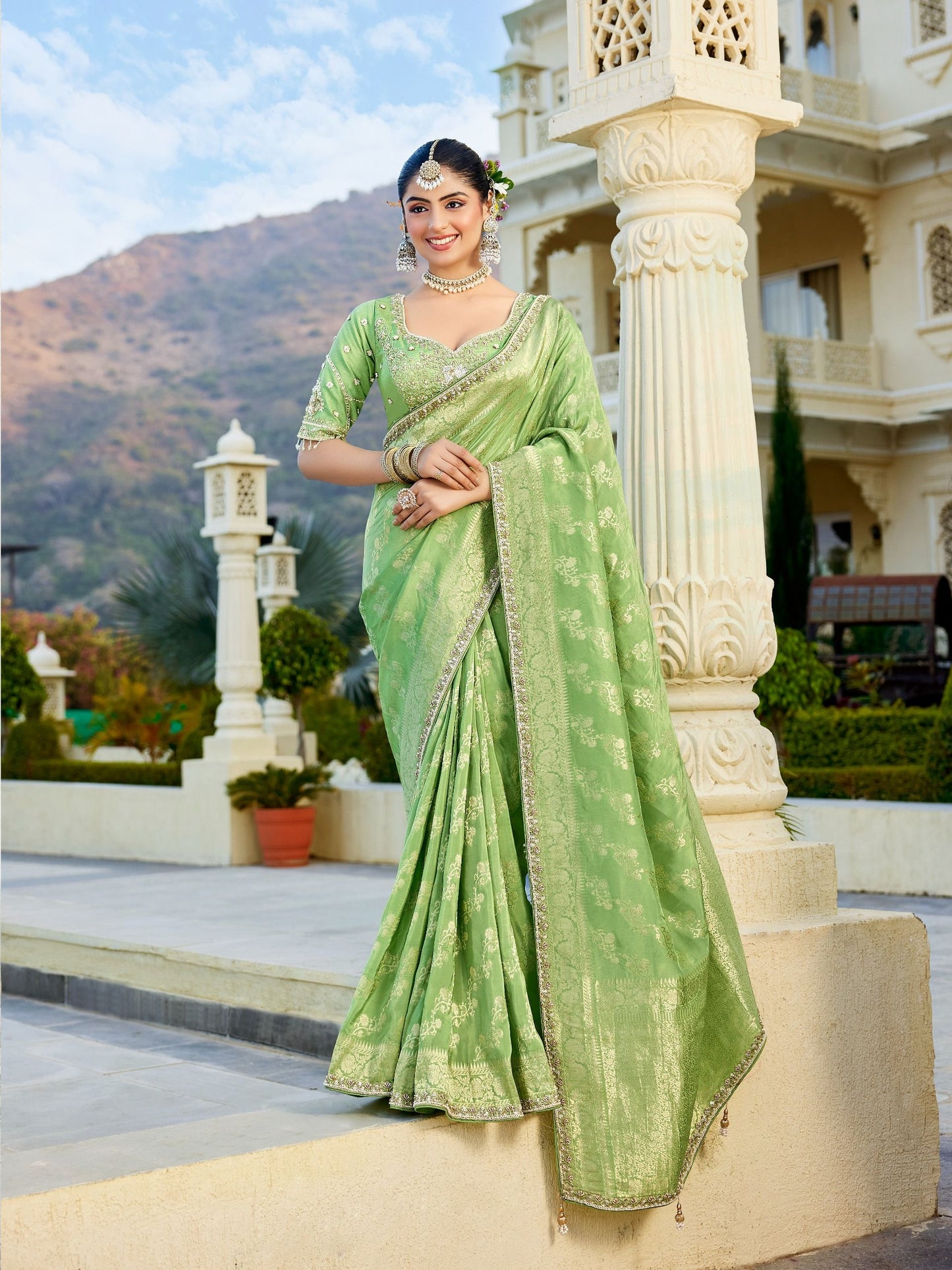 Green Vicose Russian Fabric with Beads Work Saree 6360 - Shopping World