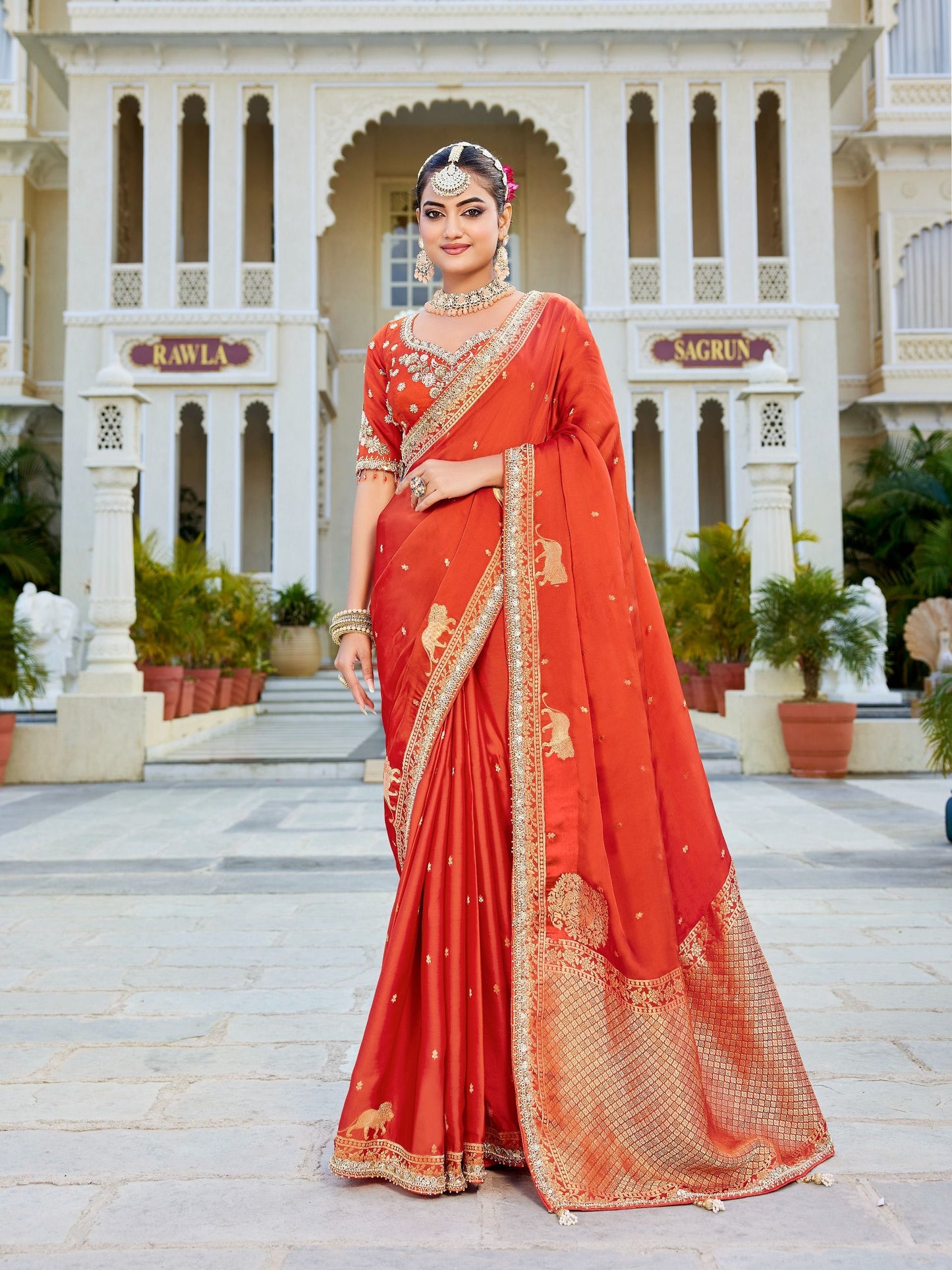 Orange Vicose Russian Fabric with Beads Work Saree 6361 - Shopping World