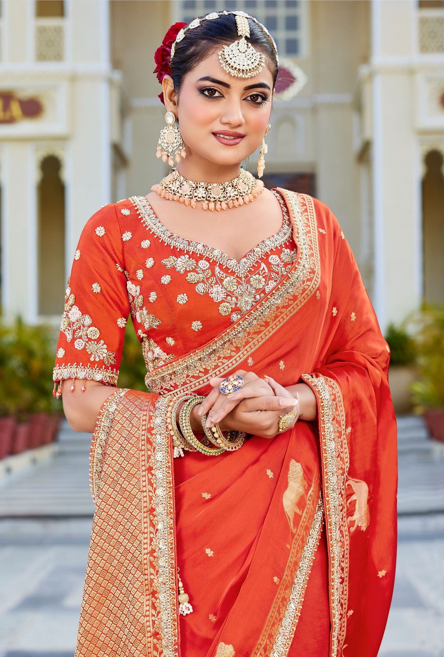 Orange Vicose Russian Fabric with Beads Work Saree 6361 - Shopping World