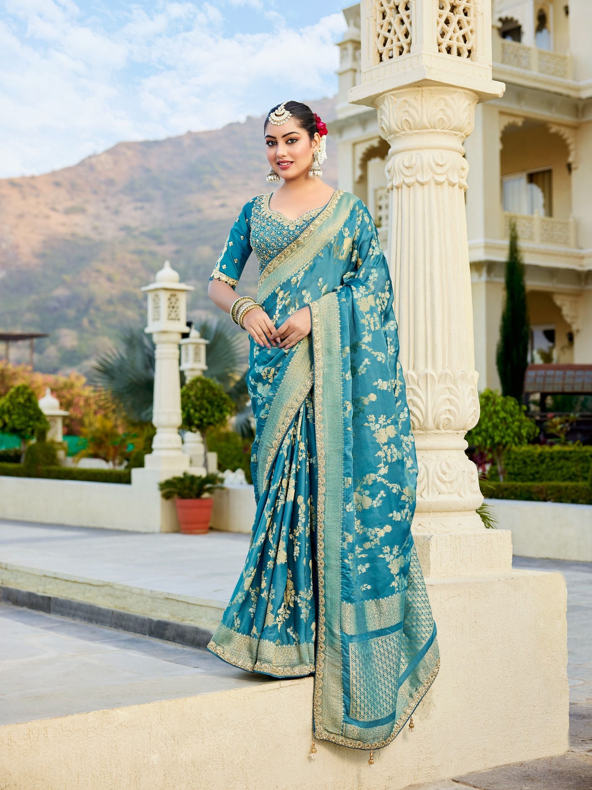 Blue Vicose Russian Fabric with Beads Work Saree 6362 - Shopping World