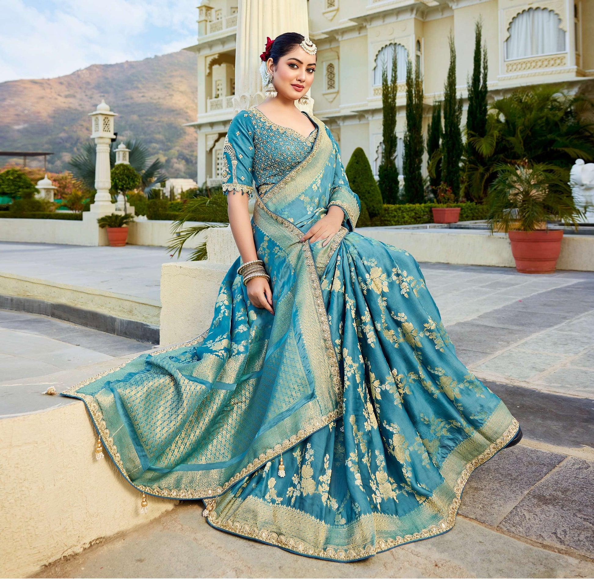Blue Vicose Russian Fabric with Beads Work Saree 6362 - Shopping World