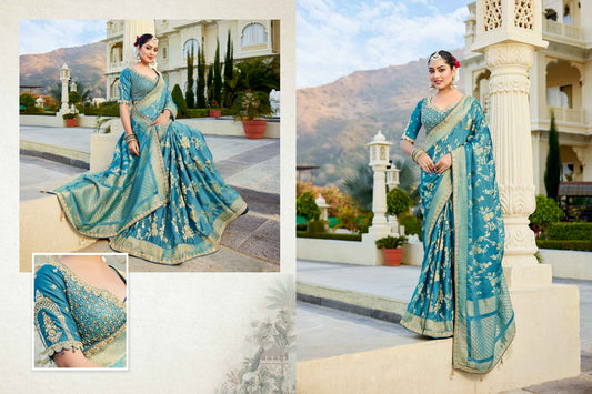 Blue Vicose Russian Fabric with Beads Work Saree 6362 - Shopping World