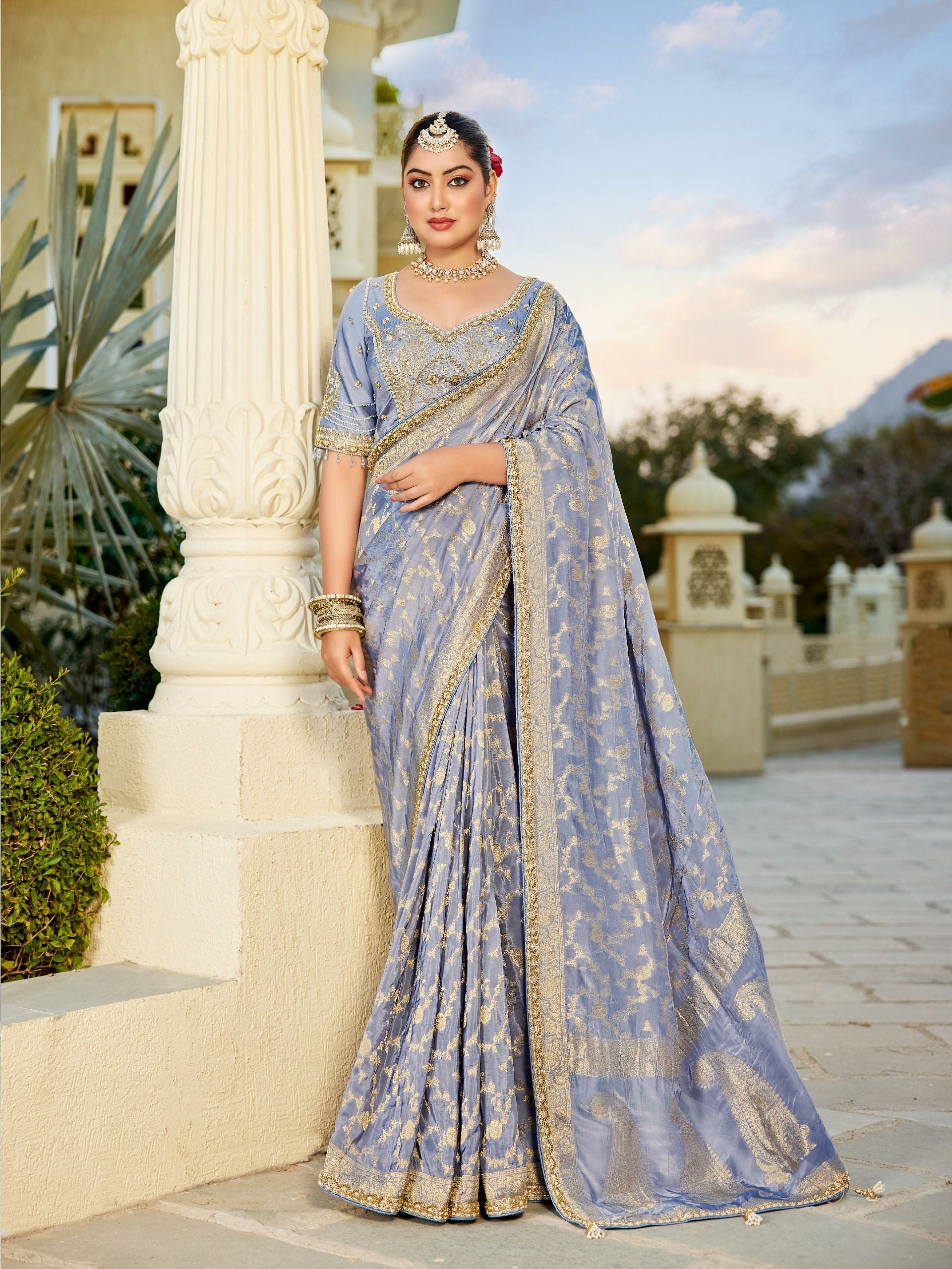 Blue Viscose Russian Fabric with Beads Work Saree 6363 - Shopping World
