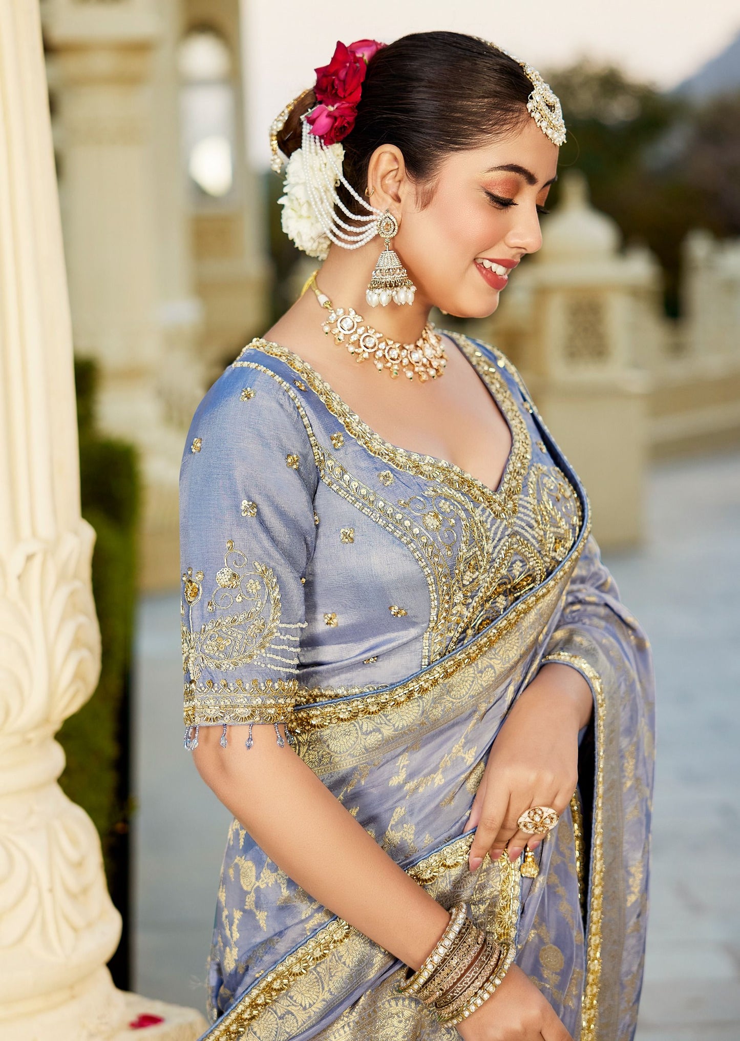 Blue Viscose Russian Fabric with Beads Work Saree 6363 - Shopping World