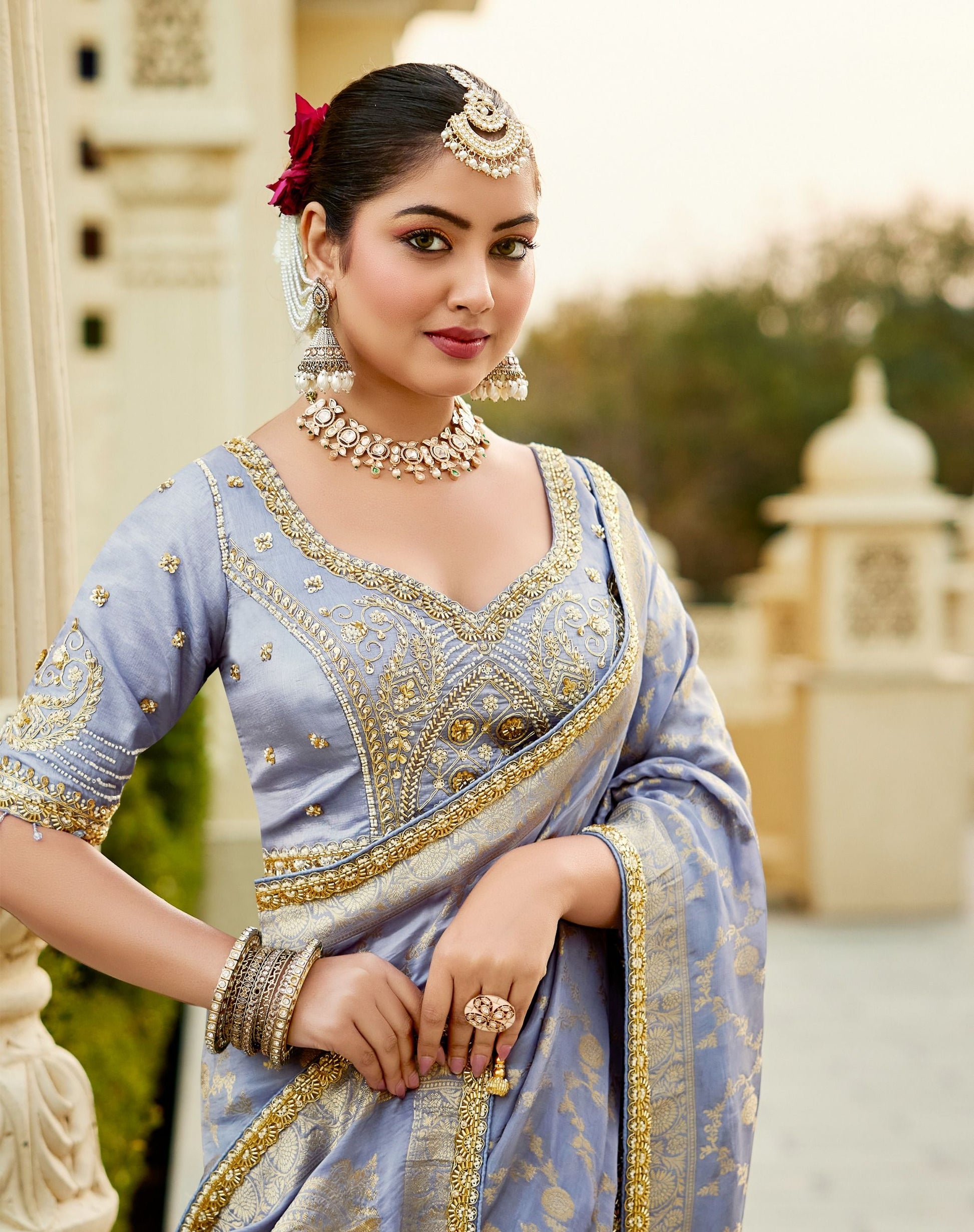 Blue Viscose Russian Fabric with Beads Work Saree 6363 - Shopping World