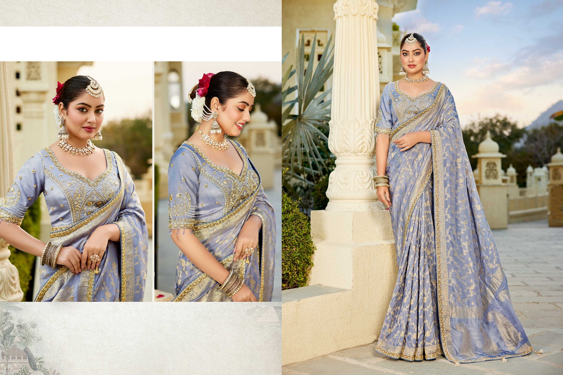 Blue Viscose Russian Fabric with Beads Work Saree 6363 - Shopping World