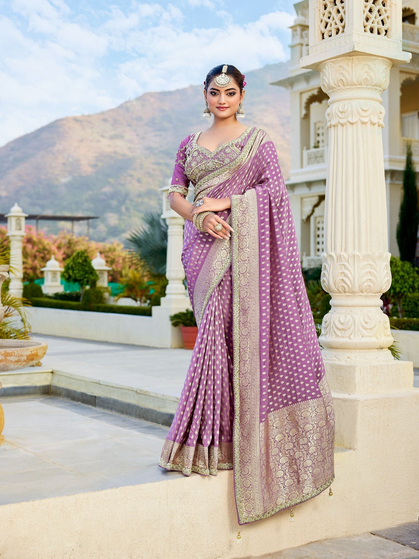 Lavender Vicose Russian Fabric with Beads Work Saree 6364 - Shopping World