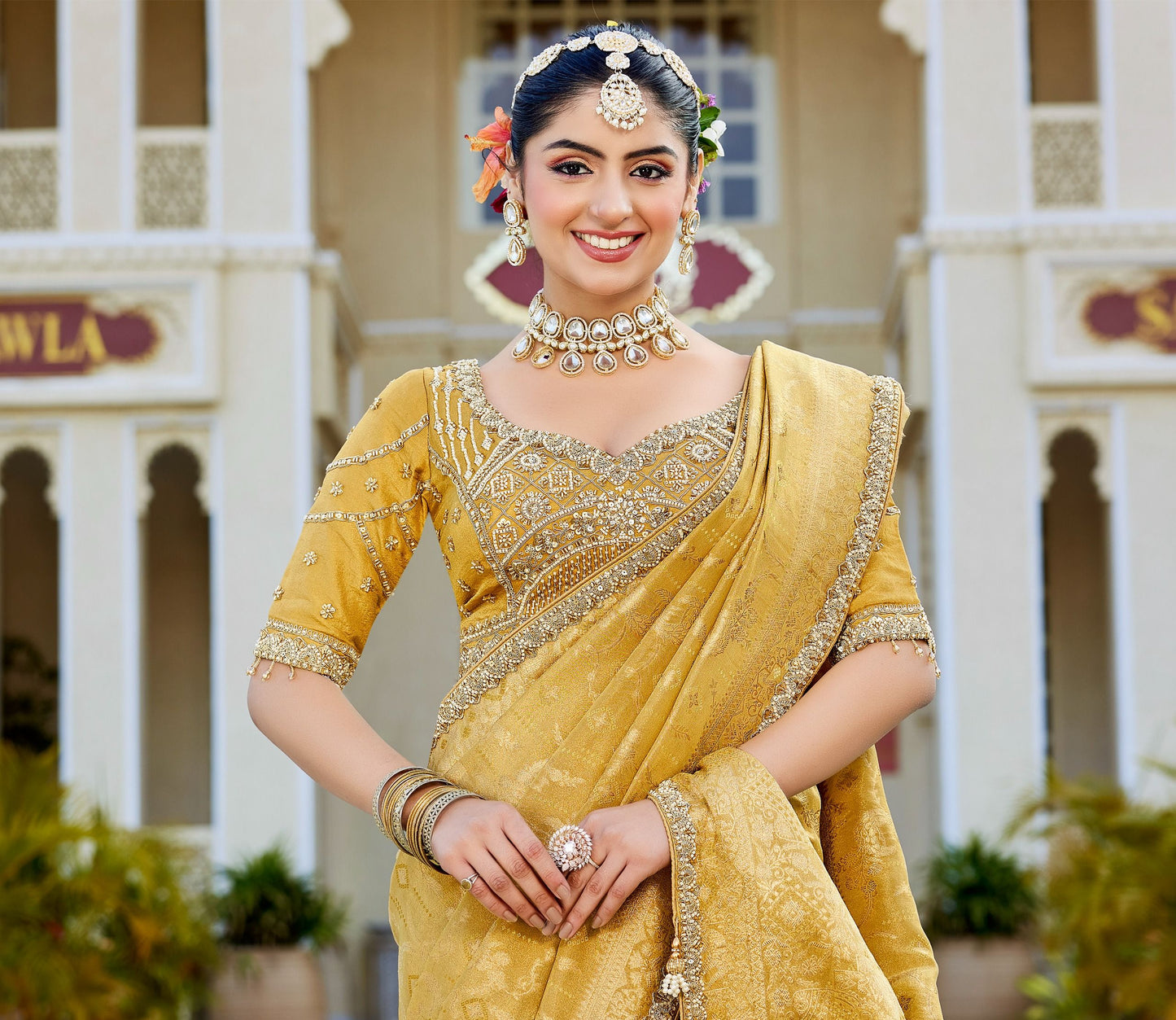 Mustard Vicose Tissue Fabric with Beads Work Saree 6366 - Shopping World