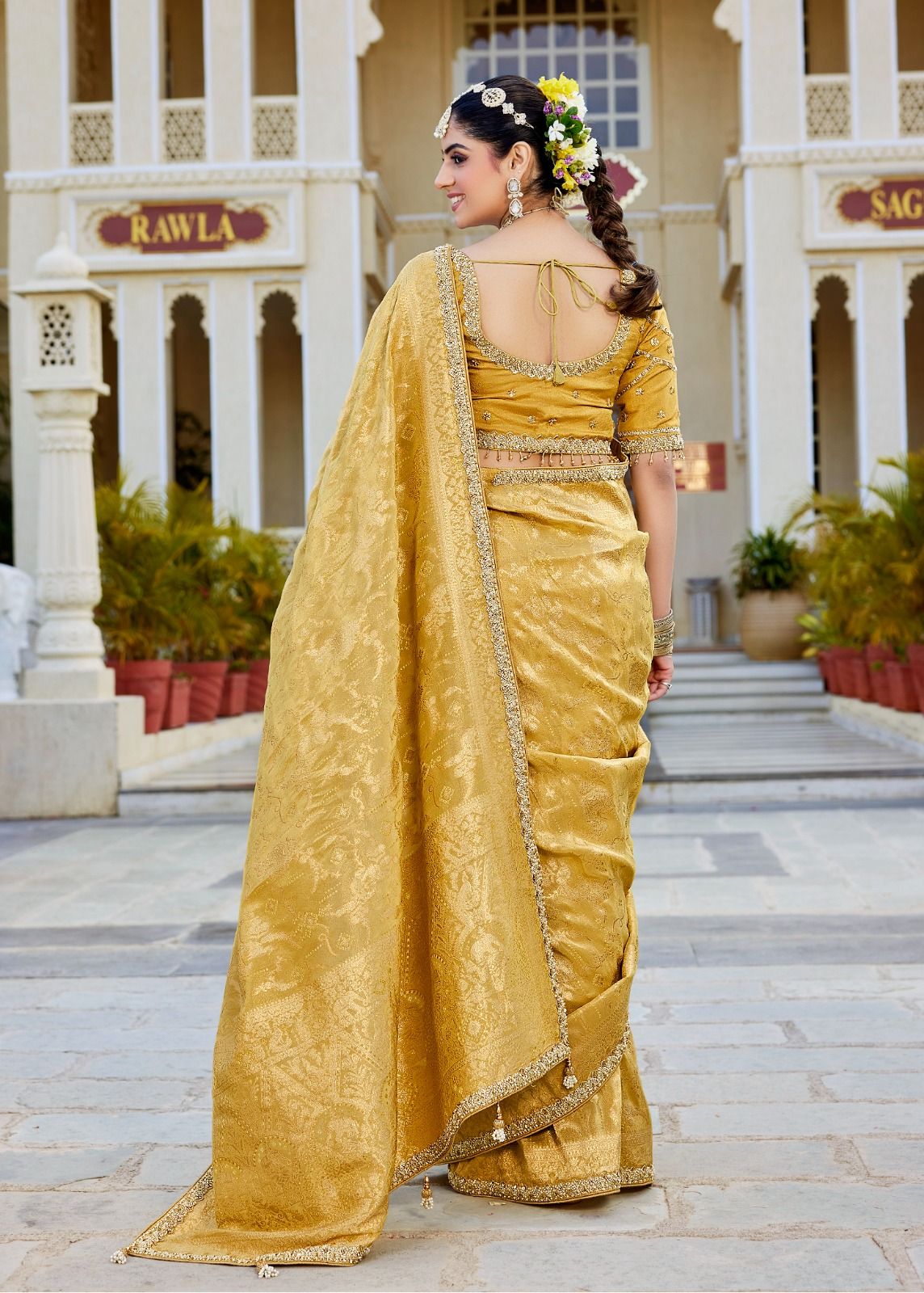 Mustard Vicose Tissue Fabric with Beads Work Saree 6366 - Shopping World