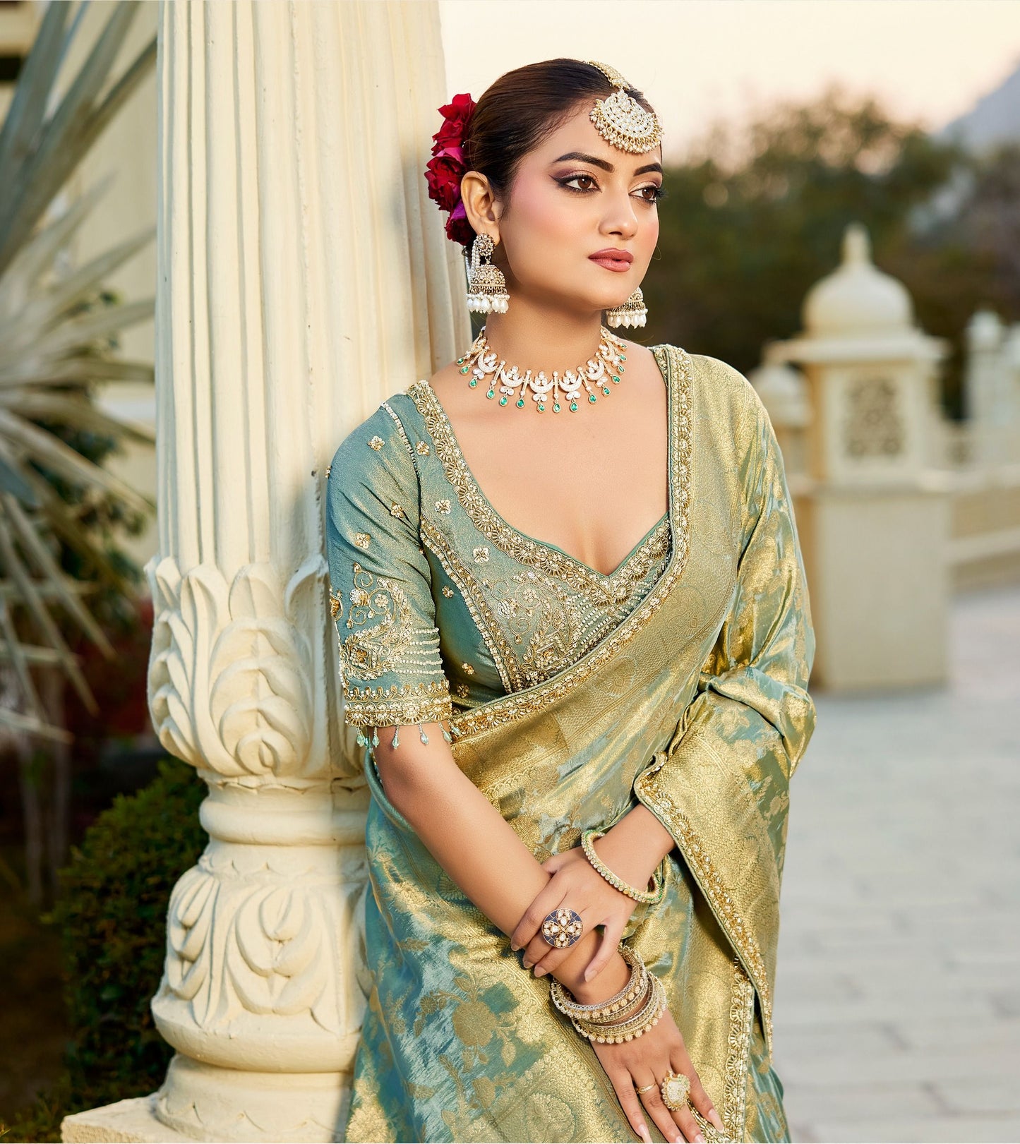 Pista Green Vicose Tissue Fabric with Beads Work Saree 6367 - Shopping World