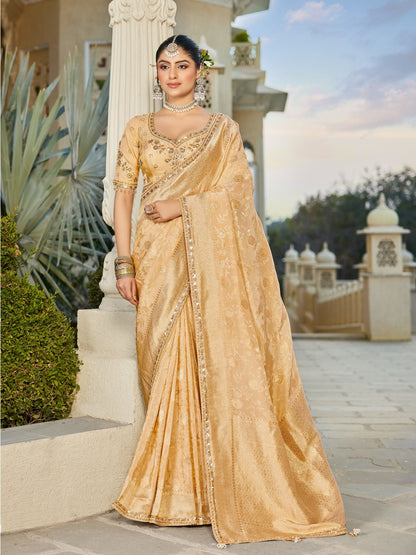 Golden Vicose Tissue Fabric with Beads Work Saree 6368 - Shopping World