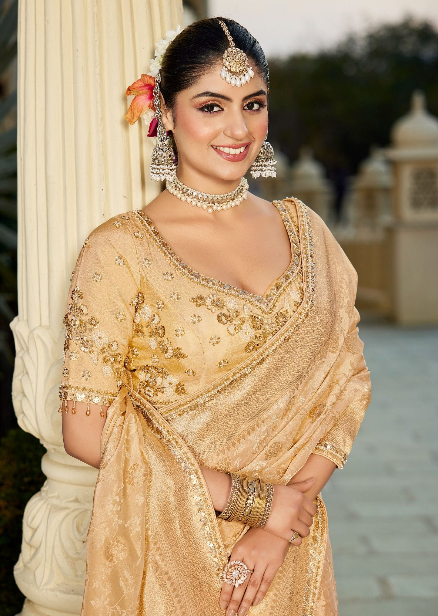 Golden Vicose Tissue Fabric with Beads Work Saree 6368 - Shopping World