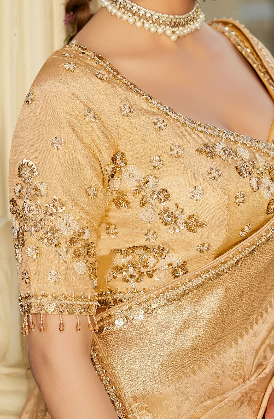 Golden Vicose Tissue Fabric with Beads Work Saree 6368 - Shopping World