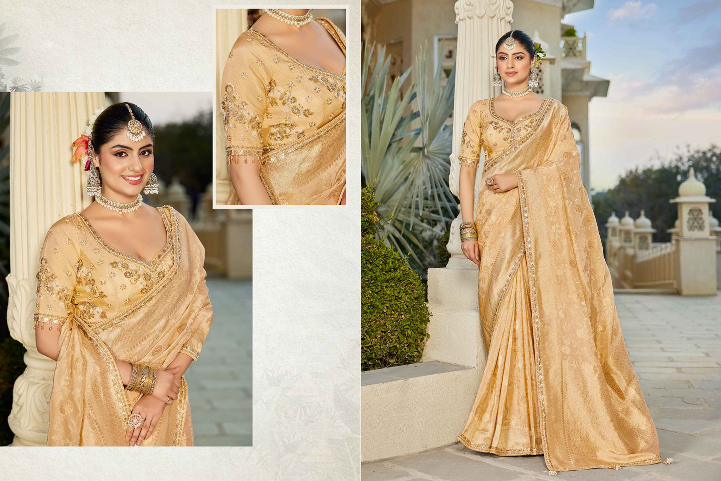 Golden Vicose Tissue Fabric with Beads Work Saree 6368 - Shopping World