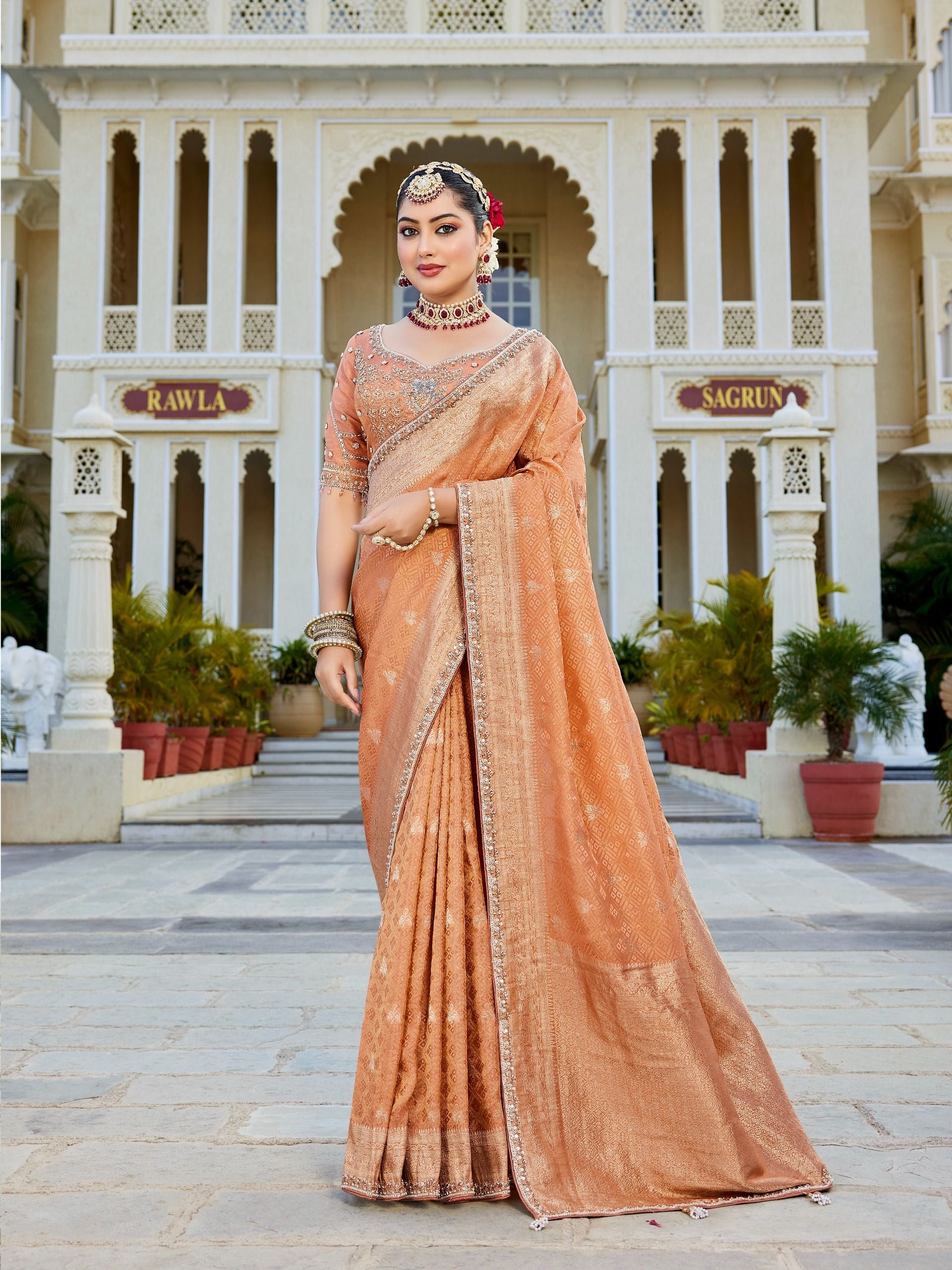 Orange Vicose Tissue Fabric with Beads Work Saree 6369 - Shopping World