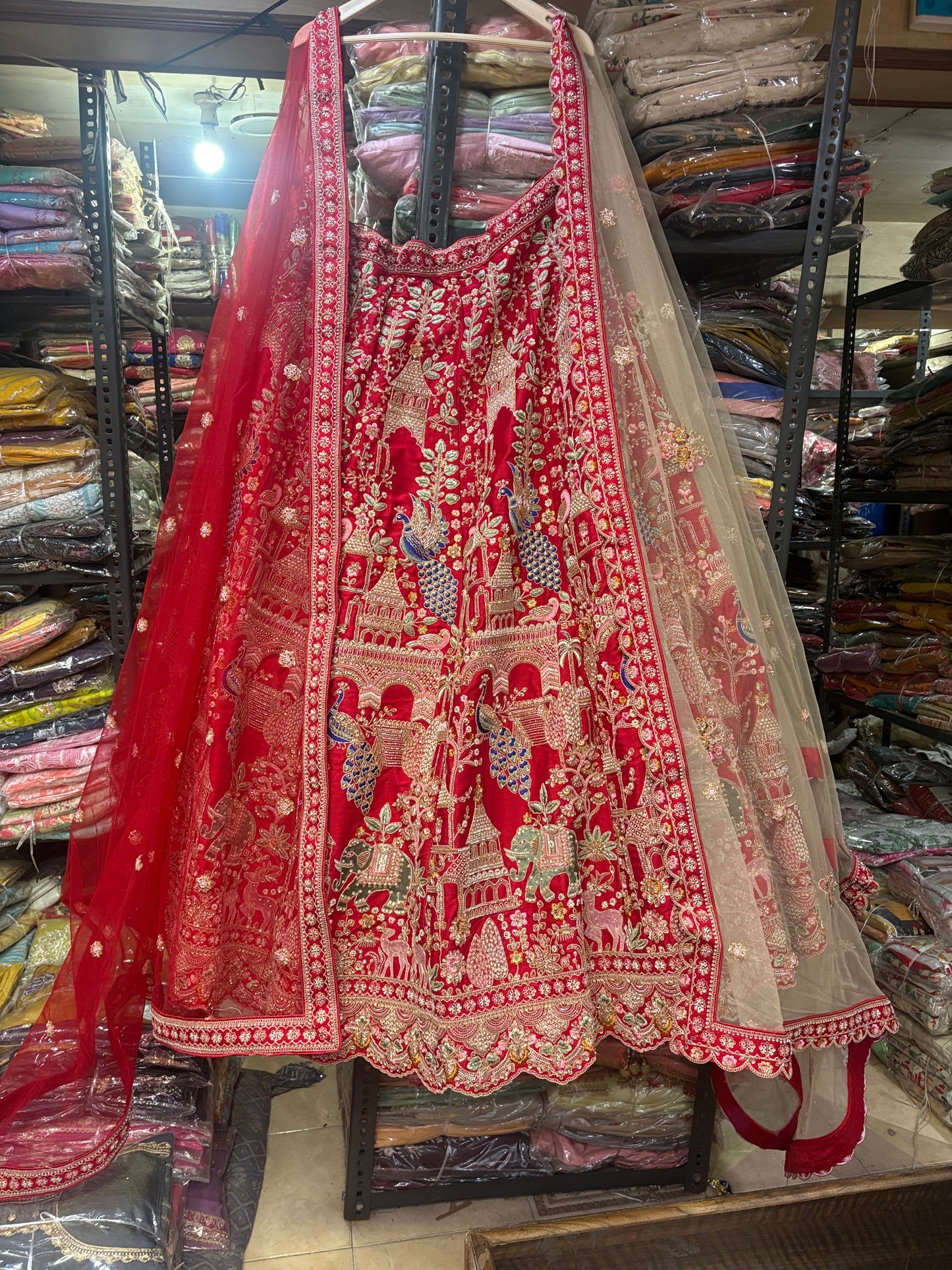Fantastic Red Handwork Beats peacock Double Duptta Lehenga