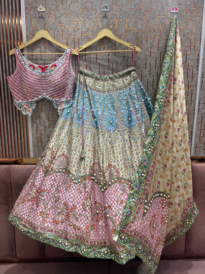 Pink Blue Off White Multicolour Pdp Crop Top Lehenga