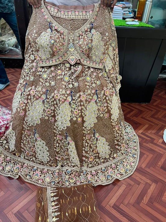 Brown Peacock Crop Top Lehenga