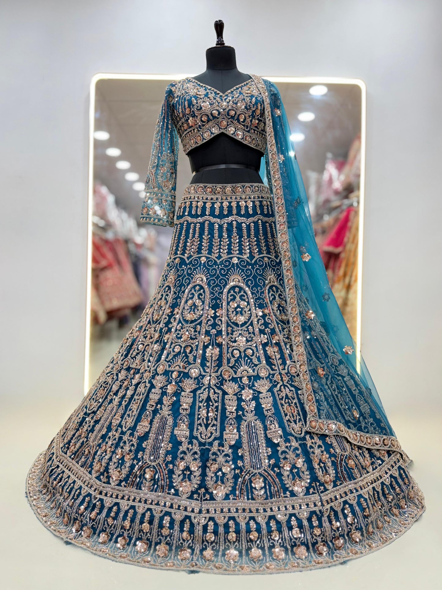 Pista green net crop top lehenga