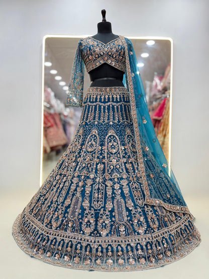Pista green net crop top lehenga