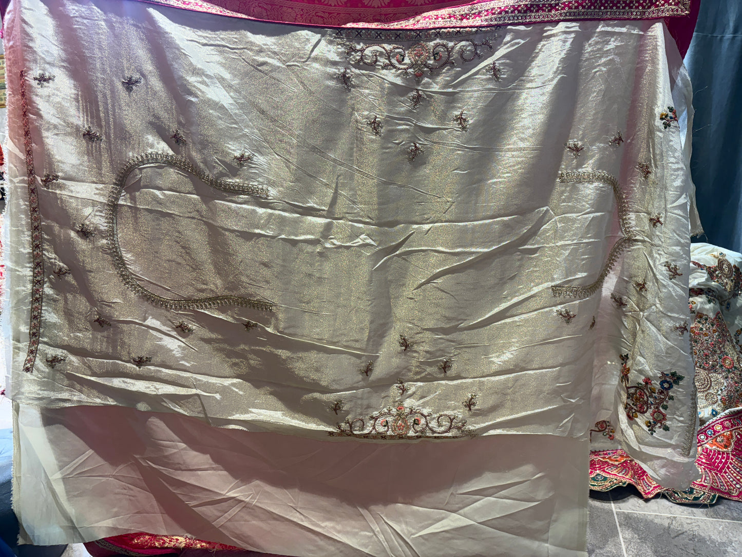 Stunning White pink peacock Banarasi Crop Top Lehenga