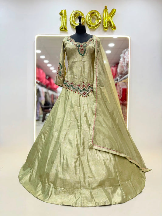 Pink Long Crop Top Lehenga