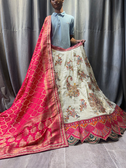 Stunning White pink peacock Banarasi Crop Top Lehenga