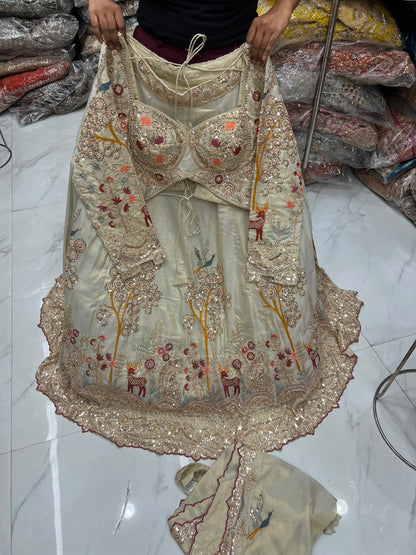 White Peacock Crop Top Lehenga