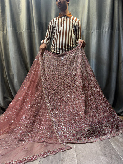 Embellished Brown peach Crop Top Lehenga