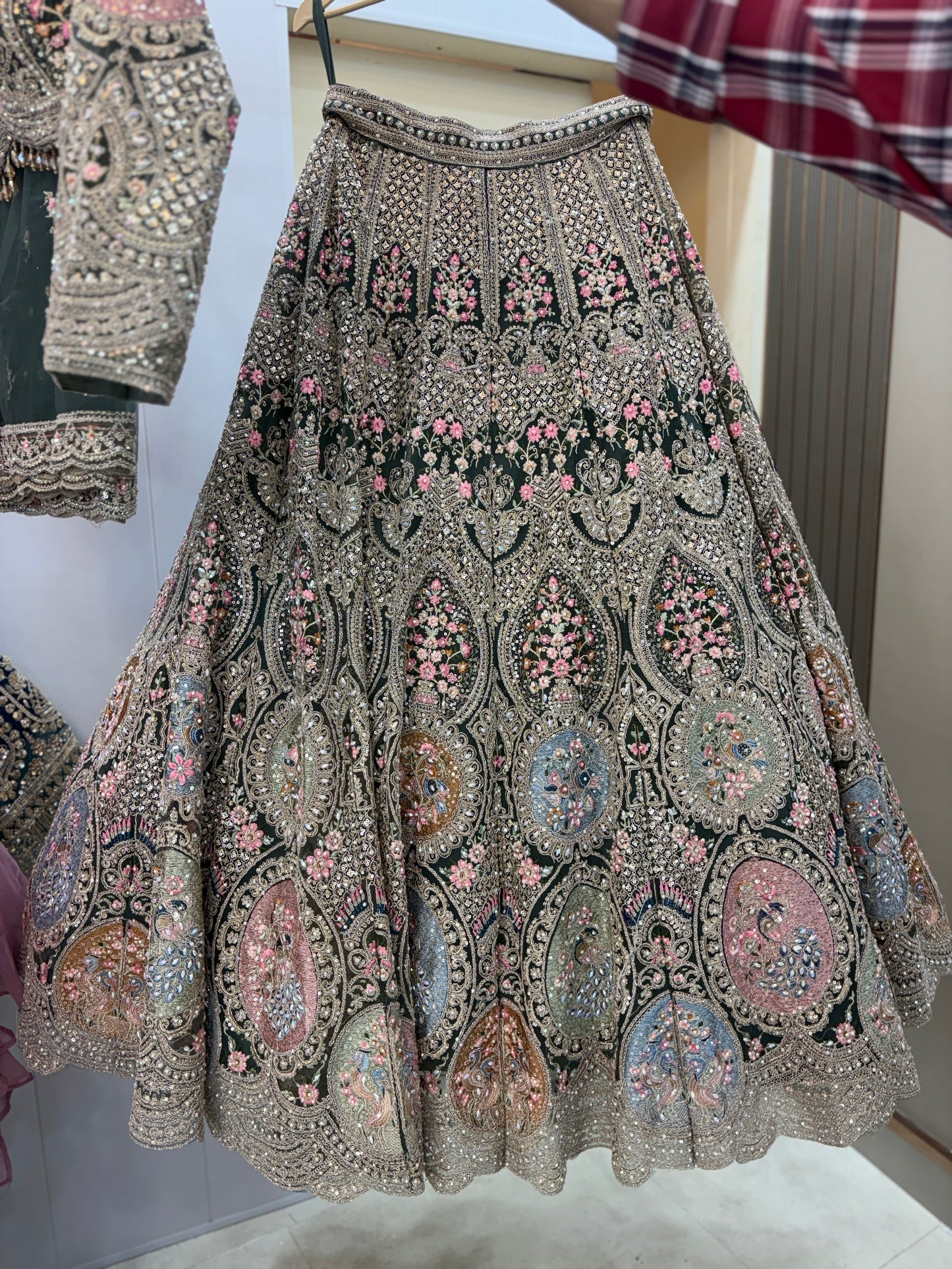 Fantastic beige peach circle peacock crop top Lehenga