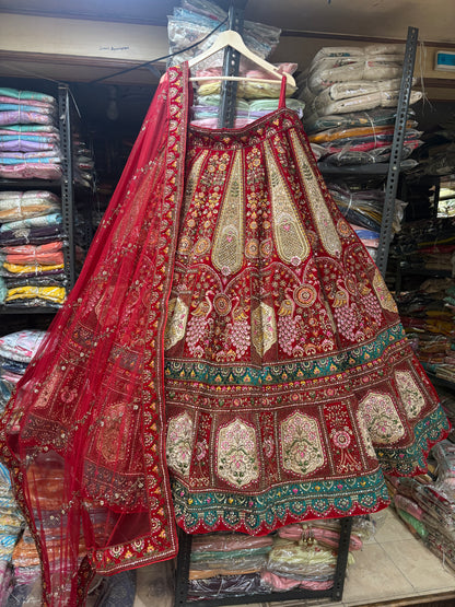 Lavishing red peacock maroon Bridal Lehenga