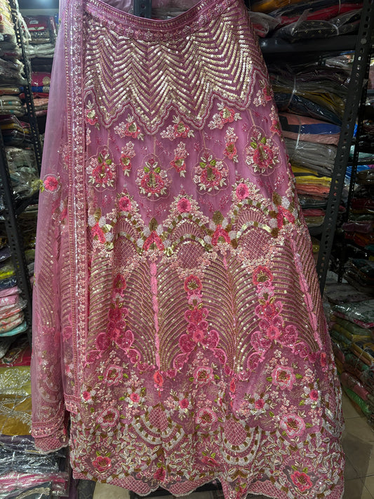 (Copy) Attractive Maroon Double Dupatta Velvet Bridal Lehenga