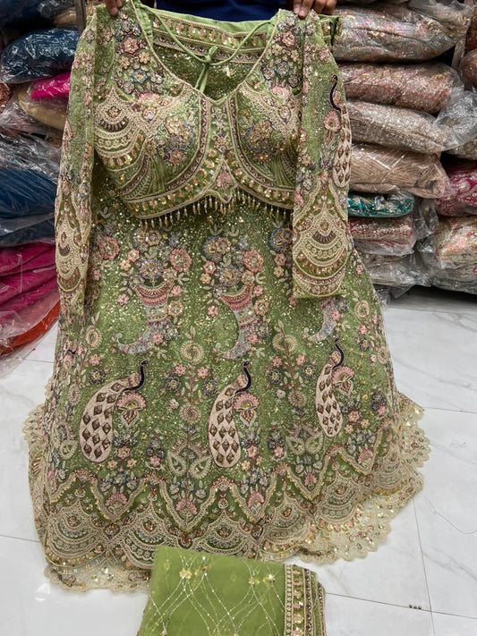 Pista Green Peacock Crop Top Lehenga