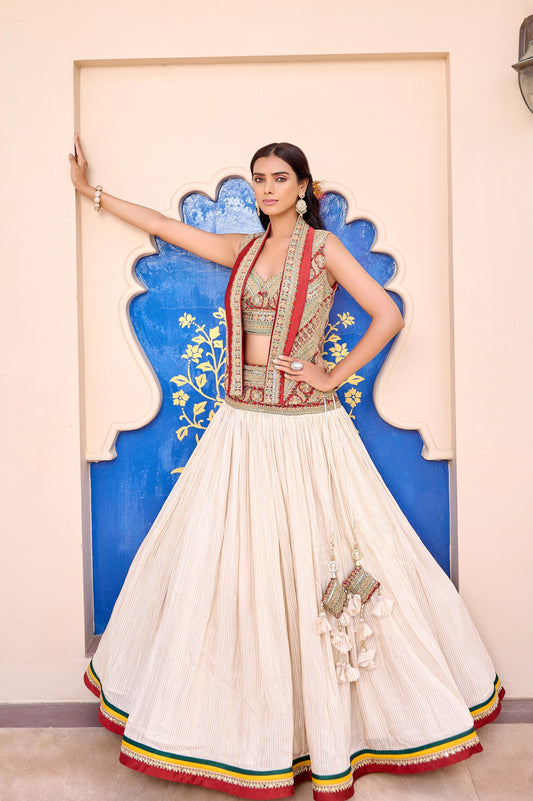 White Designer Shrug Dress Crop Top Lehenga