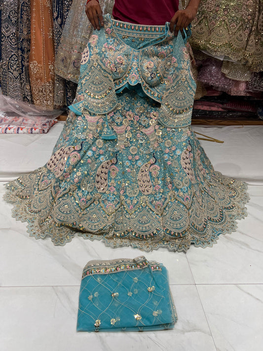 Sea Blue Peacock Crop Top Lehenga