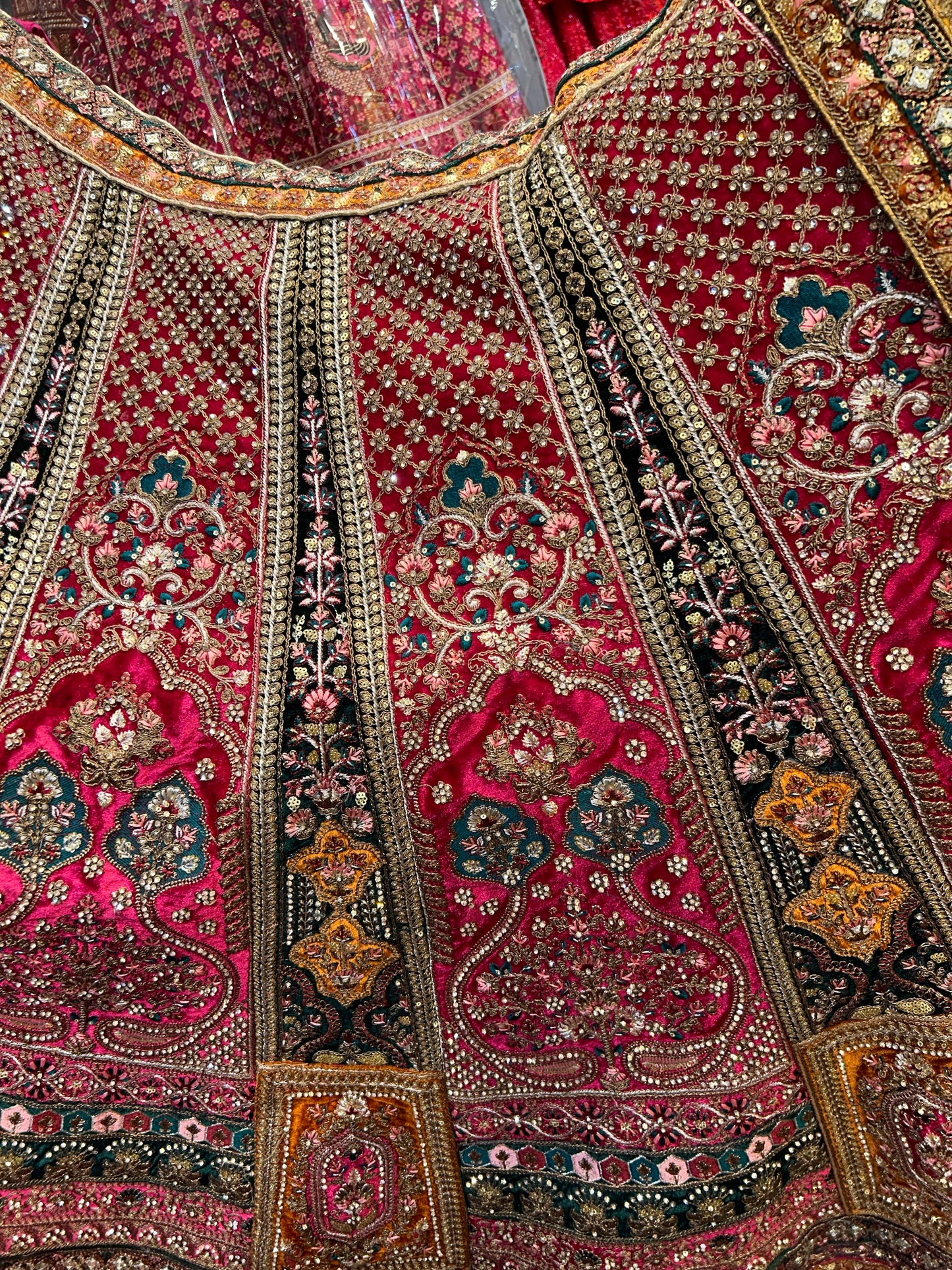 Astonishing pink golden double dupatta bridal Lehenga