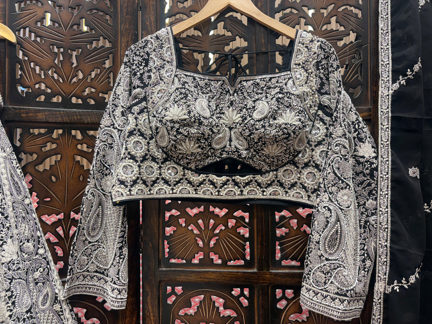 Delightful white black crop top Lehenga