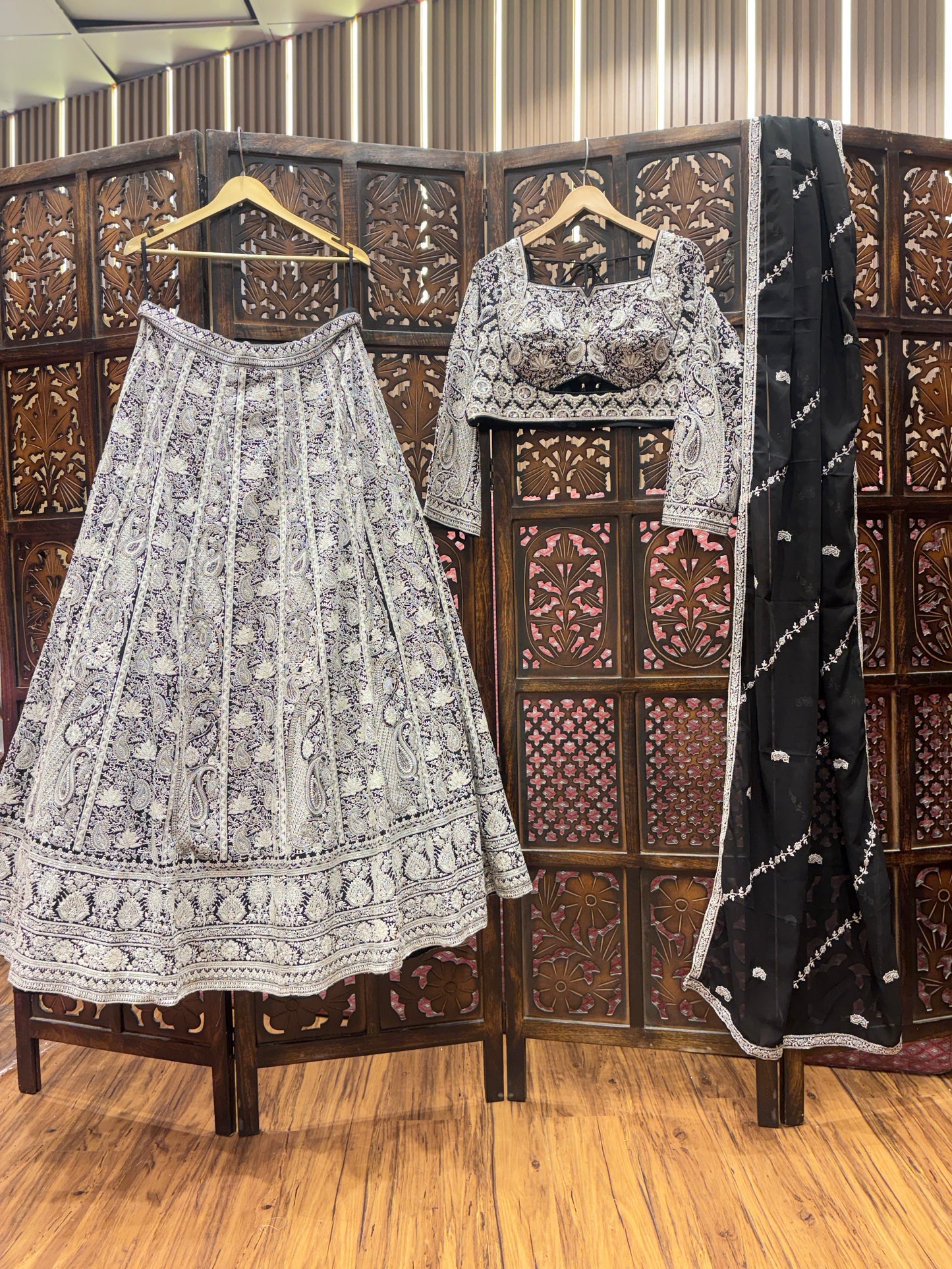 Delightful white black crop top Lehenga