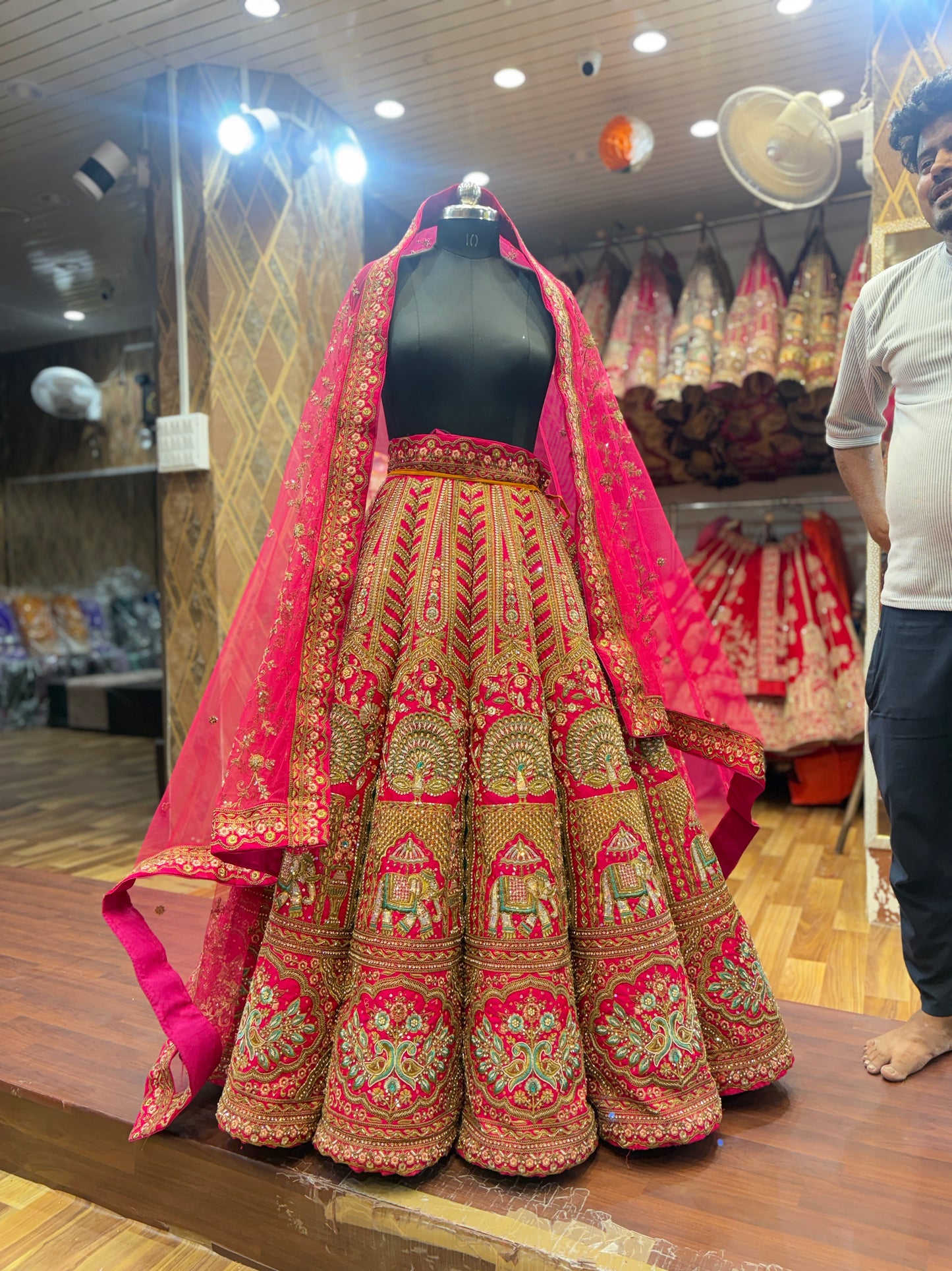 Peacock elephant figure rani pink ball bridal Lehenga