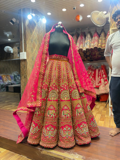 Peacock elephant figure rani pink ball bridal Lehenga